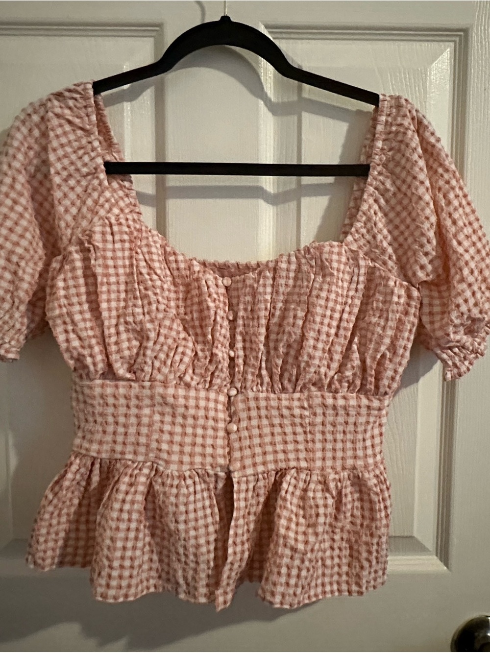Guess Pink Gingham Puff Sleeve Peplum Blouse